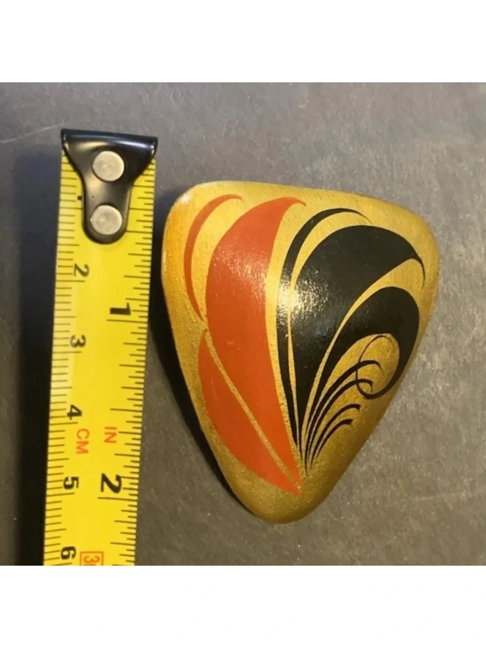 Vintage Folk Art Wooden Triangular Brooch/Pin Made in USSR Gold Red Black